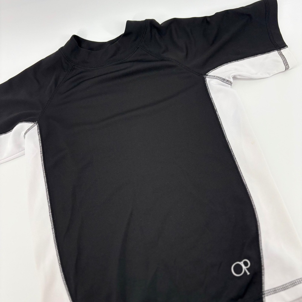 OP Ocean Pacific UniKids Rash Guard Swim Shirt Black White Size 8 Short Sleeve